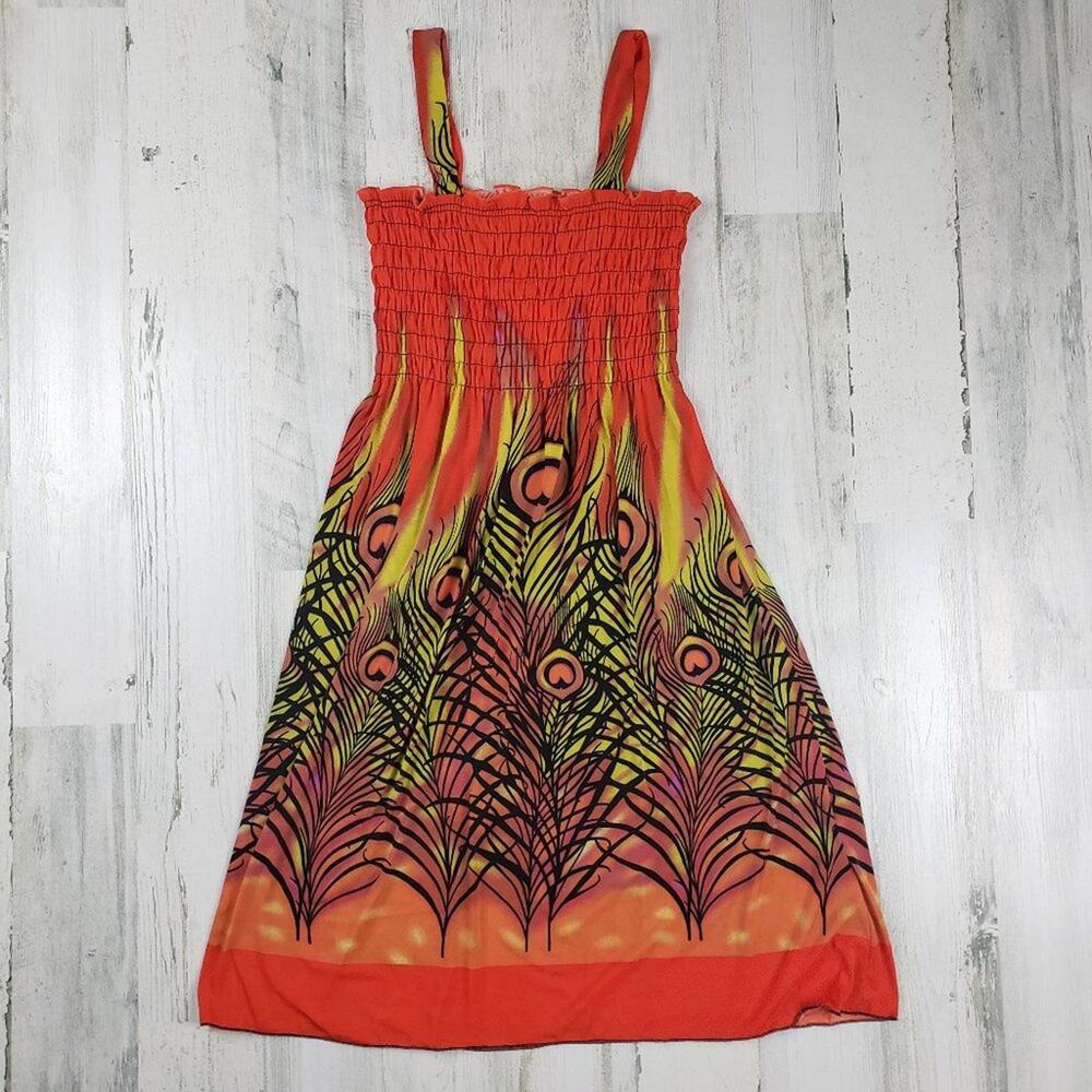 NWT Ace Fashions Smocked Orange Peacock Feather Summer Dress Women's Size Medium